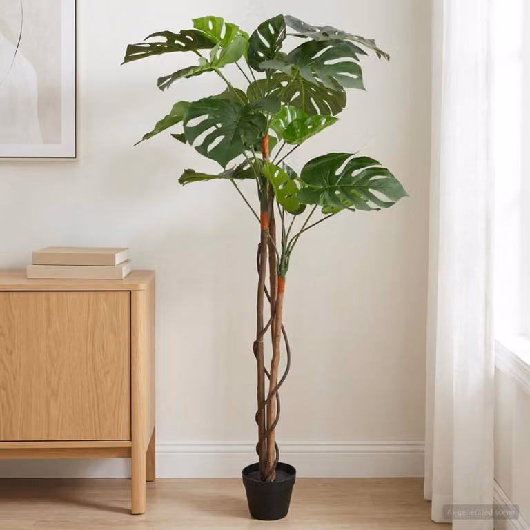Pianta Monstera Artificiale Verde vidaXL con vaso in legno e tessuto, L: 94 cm, P: 18 cm, H: 170 cm