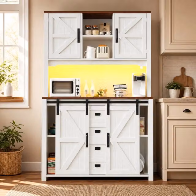 Scaffale da cucina e soggiorno REDOM bianco con ante scorrevoli e illuminazione integrata L 115 cm, P 40 cm, H 174,7 cm