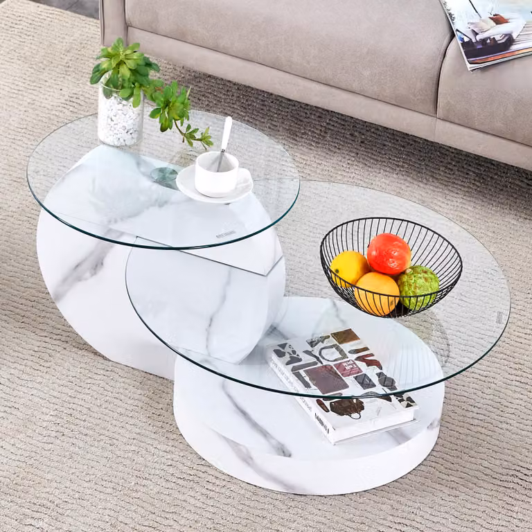 Tavolino da caffè, vetro di sicurezza multistrato, MDF, aspetto marmorizzato, disponibile in diversi colori (bianco)