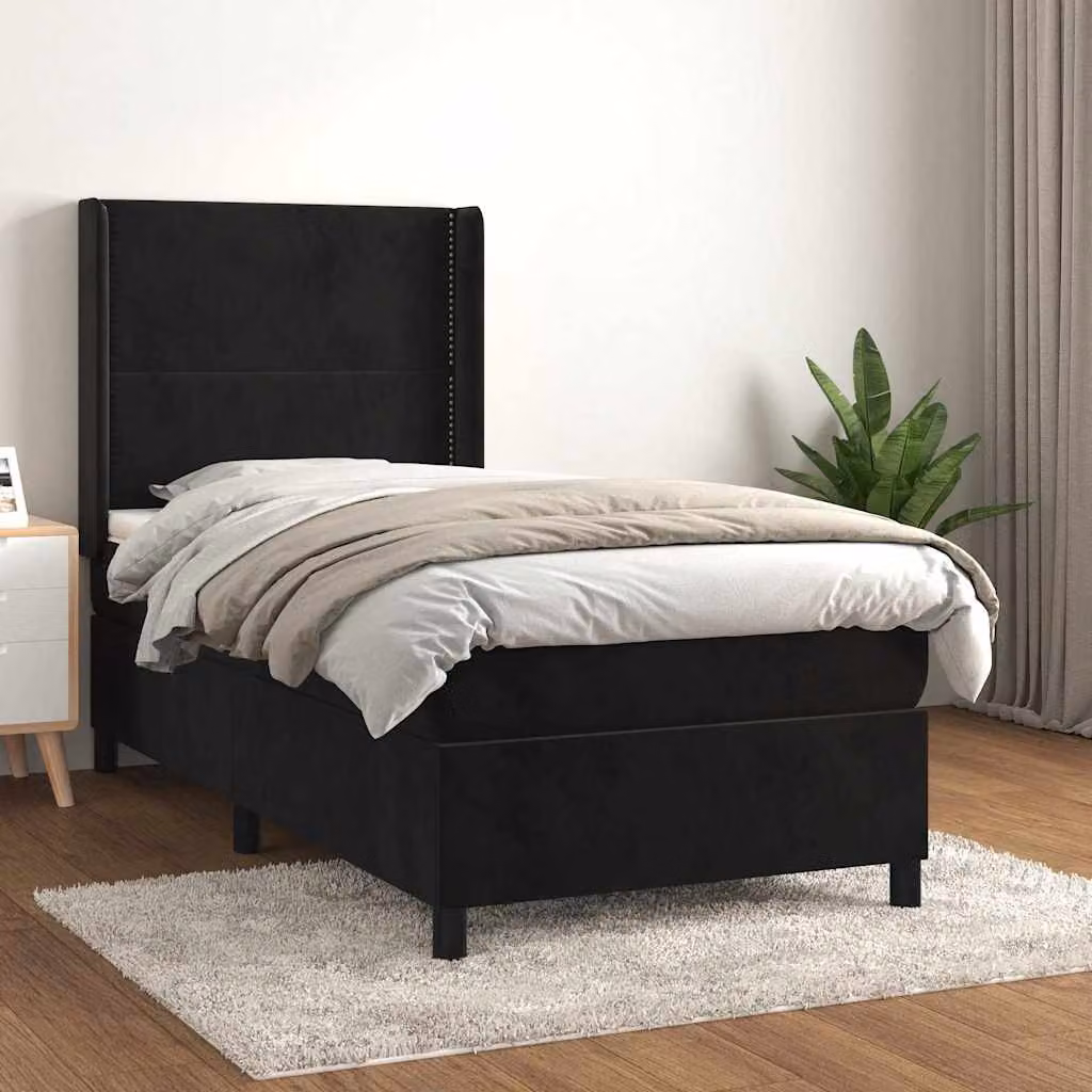 vidaXL Giroletto a Molle con Materasso in Velluto Nero L/P/H: 90 x 200 x 128 cm – 1
