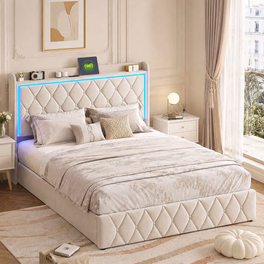 Letto imbottito INONEFT, 160 x 200 cm, con sistema di sollevamento idraulico, contenitore e rete a doghe, letto matrimoniale con LED e USB, letto per adulti, in velluto, color beige