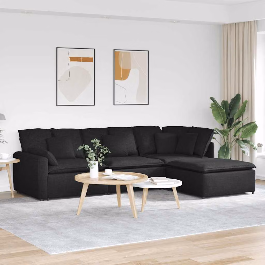 vidaXL Divano Modulare a L Reversibile con Poggiapiedi e Cuscini in Tessuto Nero L: 312 x P: 164 x H: 80 cm