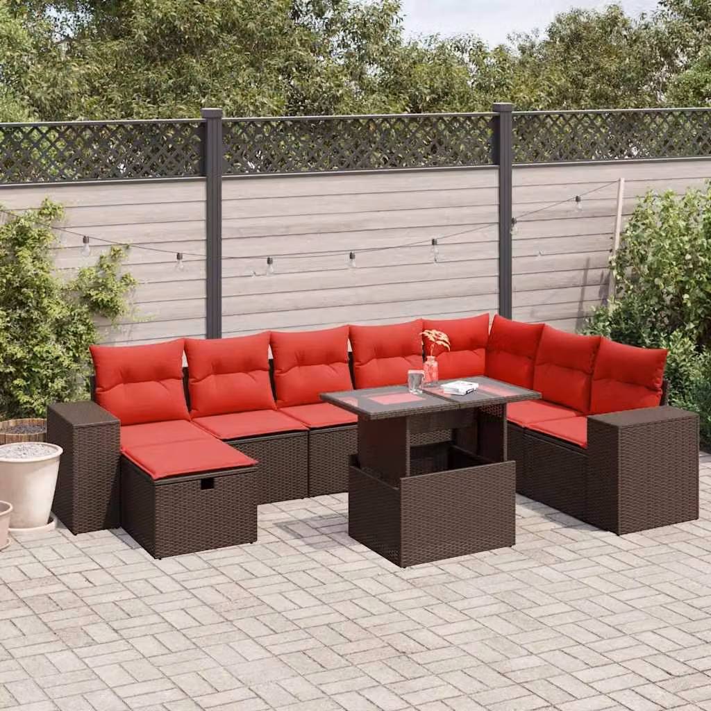 Set di divani da giardino vidaXL 9 pezzi in polyrattan marrone con cuscini e tavolino da esterno