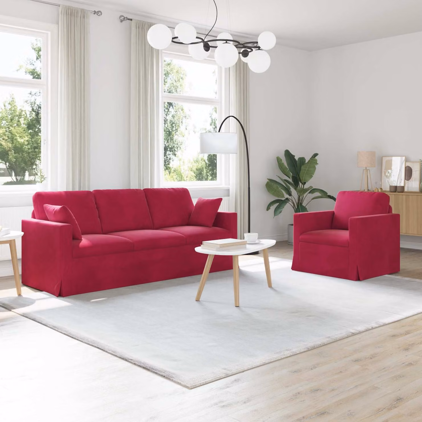 Set di 2 divani moderni vidaXL in velluto rosso con cuscini inclusi e coperture rimovibili