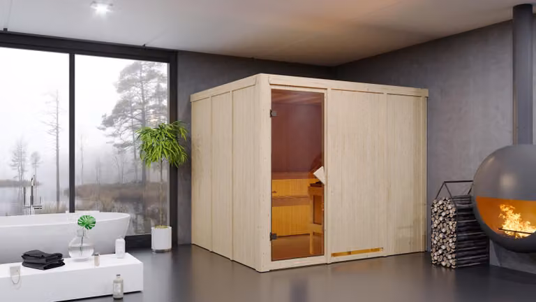 Karibu sauna cabina interna Gobin sauna interna 3 panche in legno, cabina sauna con spessore parete 68 mm, sauna a vapore con materiale di montaggio
