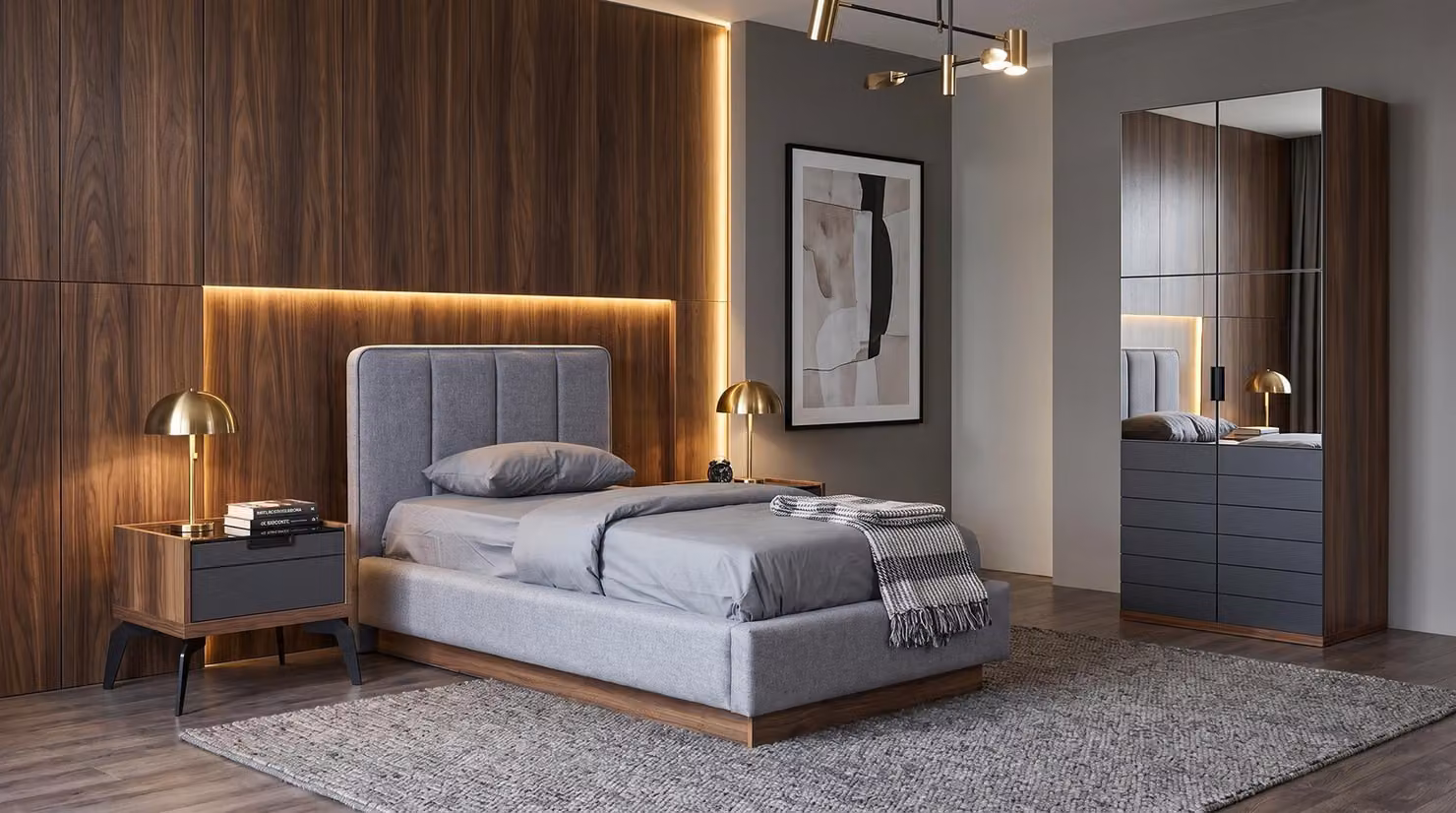 Set completo per camera da letto: letto, due comodini, armadio, colore blu, design moderno