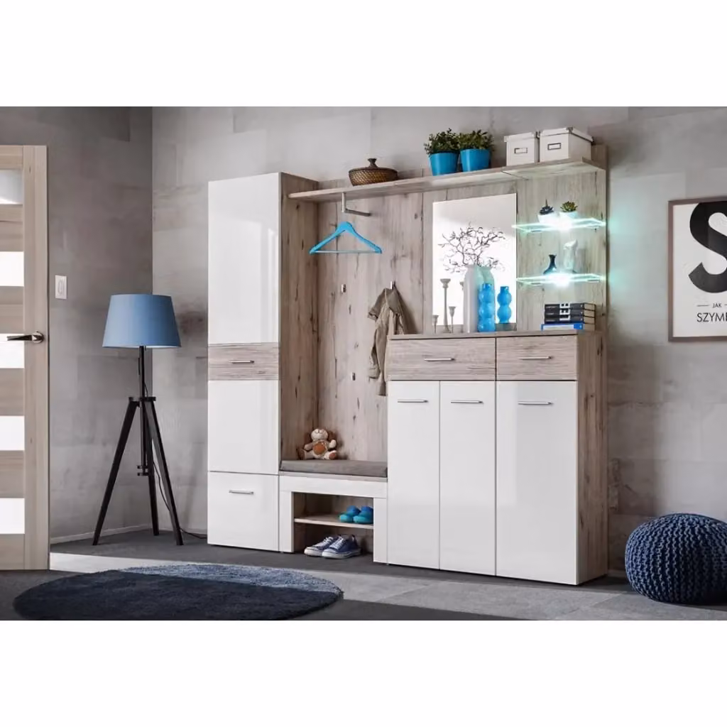 Mobile da ingresso ONYX 4 Meublorama con specchio, appendiabiti e illuminazione LED, Colori quercia e bianco, H: 210 cm, L: 200 cm, P: 35 cm – 2