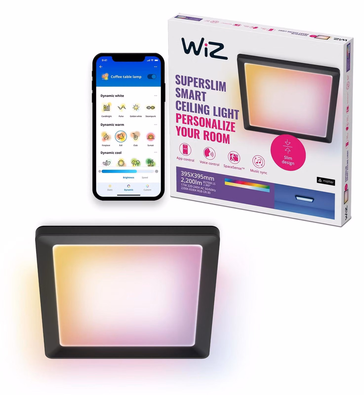 WiZ, pannello quadrato da 17 W, lampada a soffitto intelligente, Wi-Fi/Bluetooth, colore nero, Wi-Fi 4 (802.11n), 802.11b, 802.11g, LED, plastica