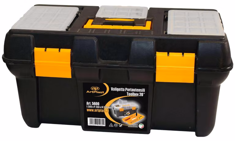Cassetta portattrezzi in plastica, dimensioni 50 x 26,8 x 23 cm, con 3 organizer nel coperchio e all'interno