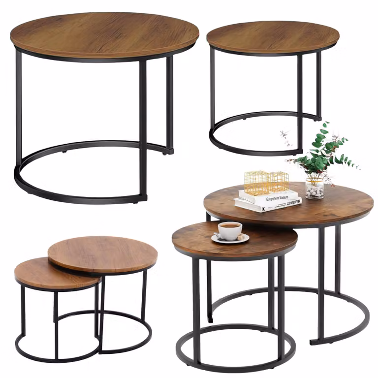 Set Di Tavolini Rotondi 2-in-1 Vintage In Legno Naturale 60x45cm 40x40cm