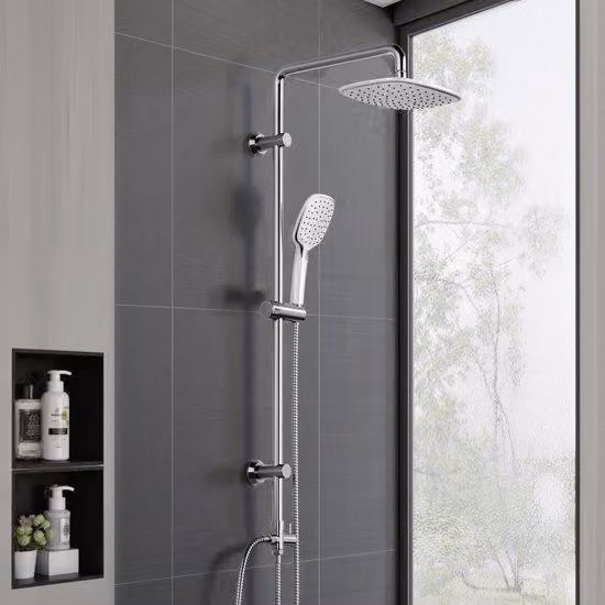 Set doccia cromato Unyqoos® con soffione a pioggia regolabile e doccetta manuale – barra doccia in acciaio inossidabile, soffione in ABS, facile installazione per il bagno