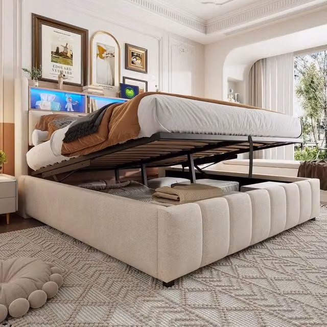 Letto imbottito 180x200cm ¨C Minimal ¨C Beige tessuto con LED struttura contenitore idraulico