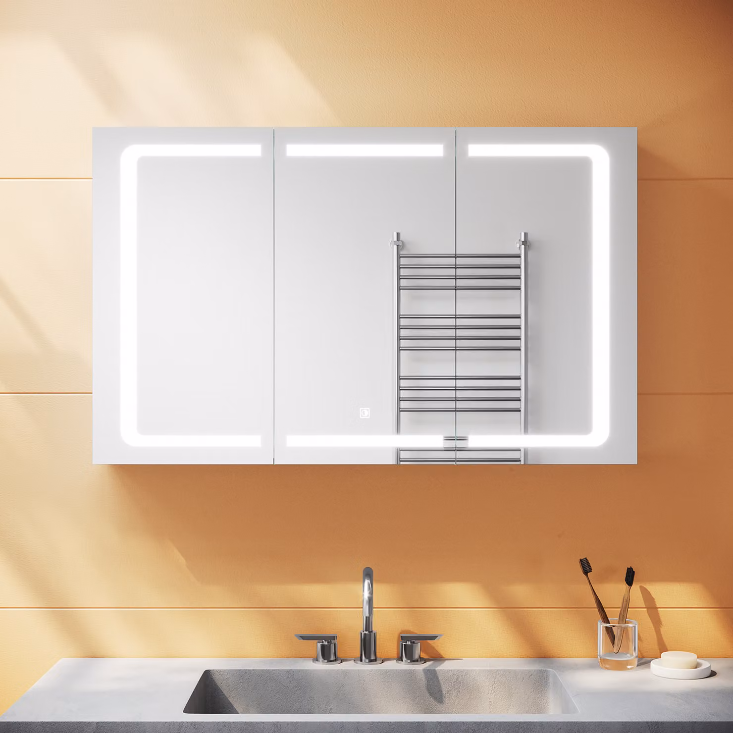 SONNI 105x65cm Armadio a specchio per bagno a 3 ante in acciaio inox con illuminazione a LED a 3 colori Interruttore a sfioramento Design a cerniera senza fili con presa per rasoio