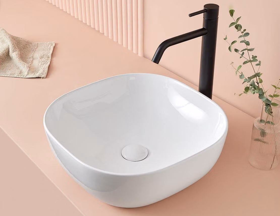 Lavabo da appoggio NAPOLI 49,5 cm x 39,5 cm x 15h, con valvola a stelo "ClickClack", bianco