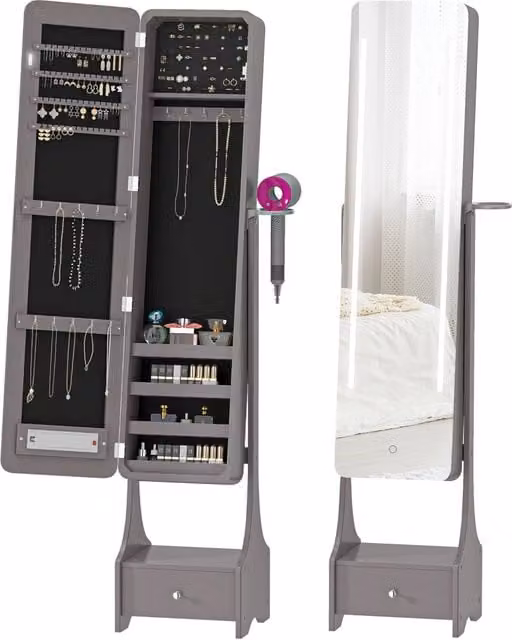 Armadio Gioielli Minimal con Luci LED, Specchio e Cassetti, Grigio, H: 158 cm, L: 37 cm, P: 30 cm
