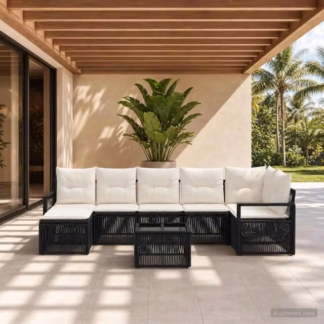 Set Divano da Giardino a L vidaXL in Polyrattan Nero con Cuscini e Tavolino da 8 Pezzi – 1