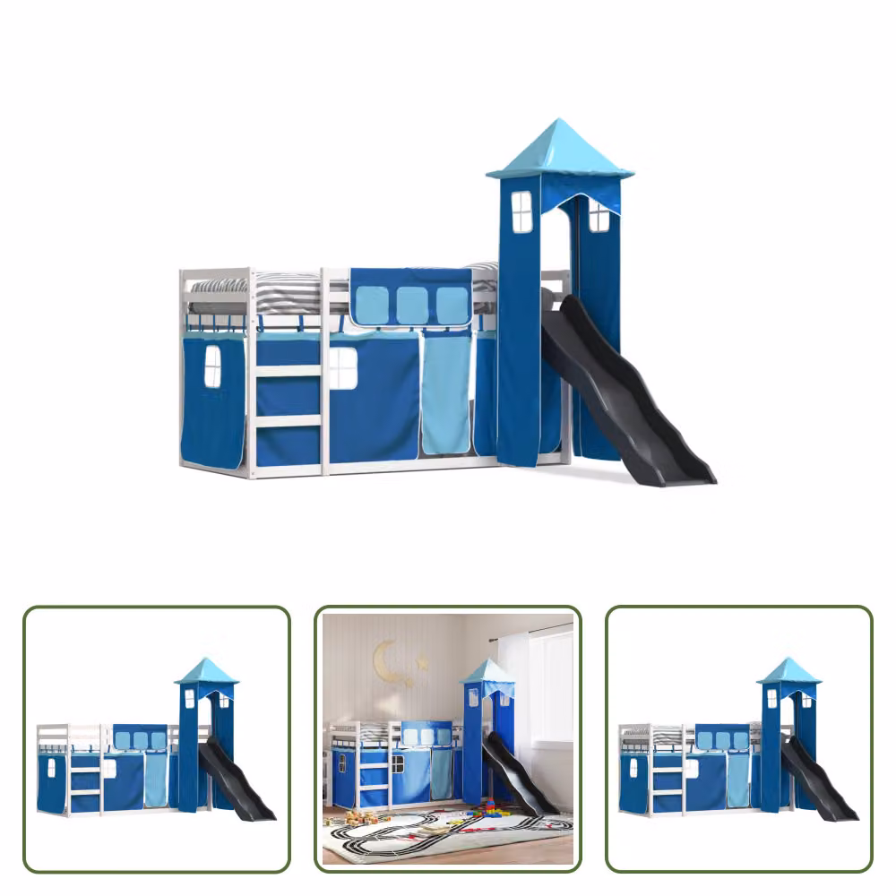 The Living Store Letto a castello con scivolo e tende blu 90x200 cm