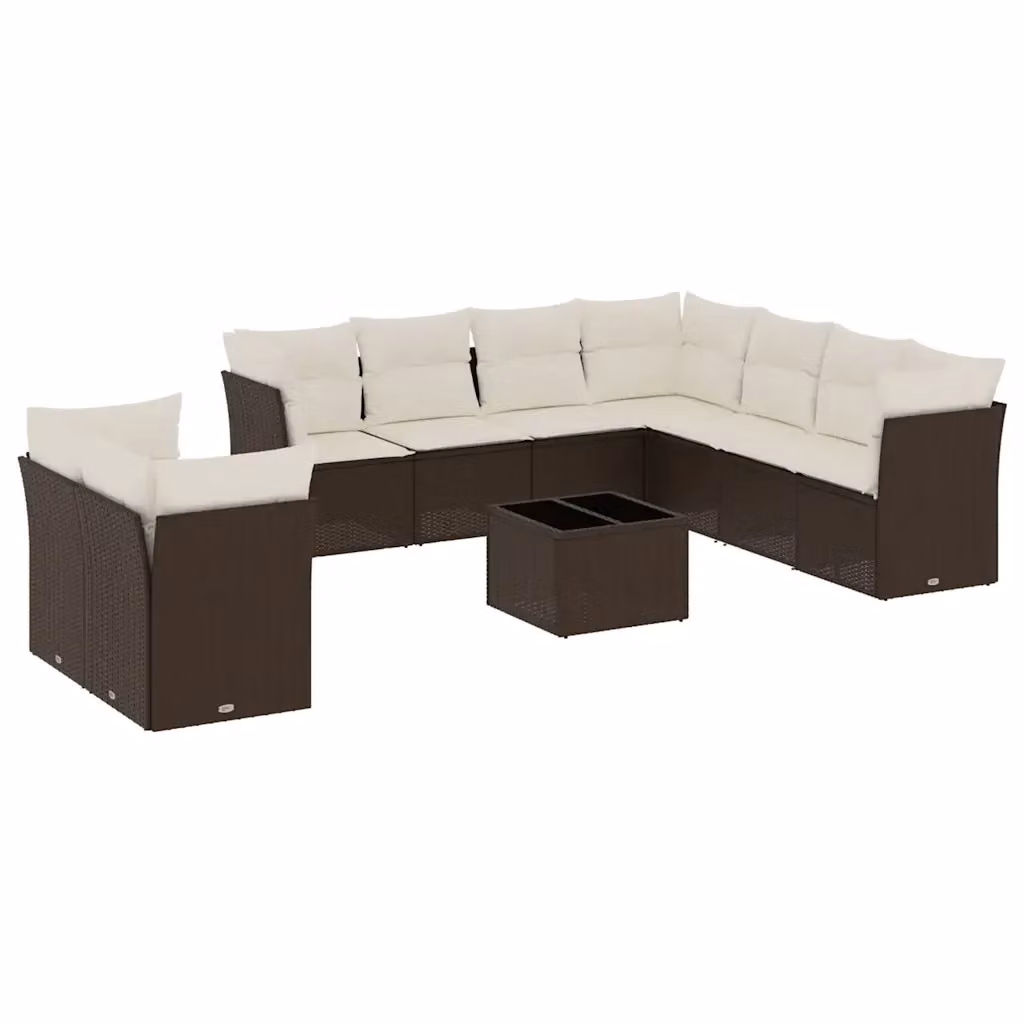 vidaXL Set Divani da Giardino 10 Pezzi con Cuscini e Tavolino da Caffè in Polyrattan Marrone e Bianco – 2