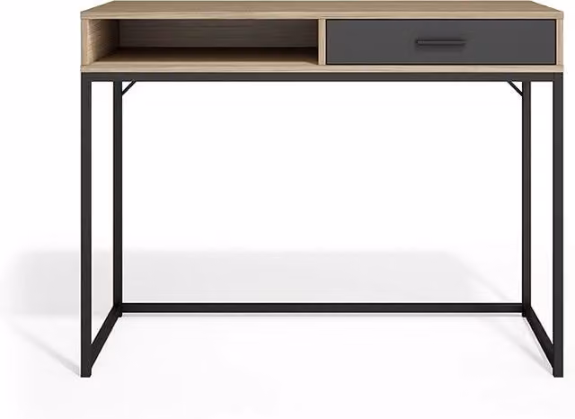 Scrivania Herdasa in metallo e MDF con cassetto, finitura noce chiaro e grafite, L: 105 cm, P: 79 cm, H: 48 cm – 1