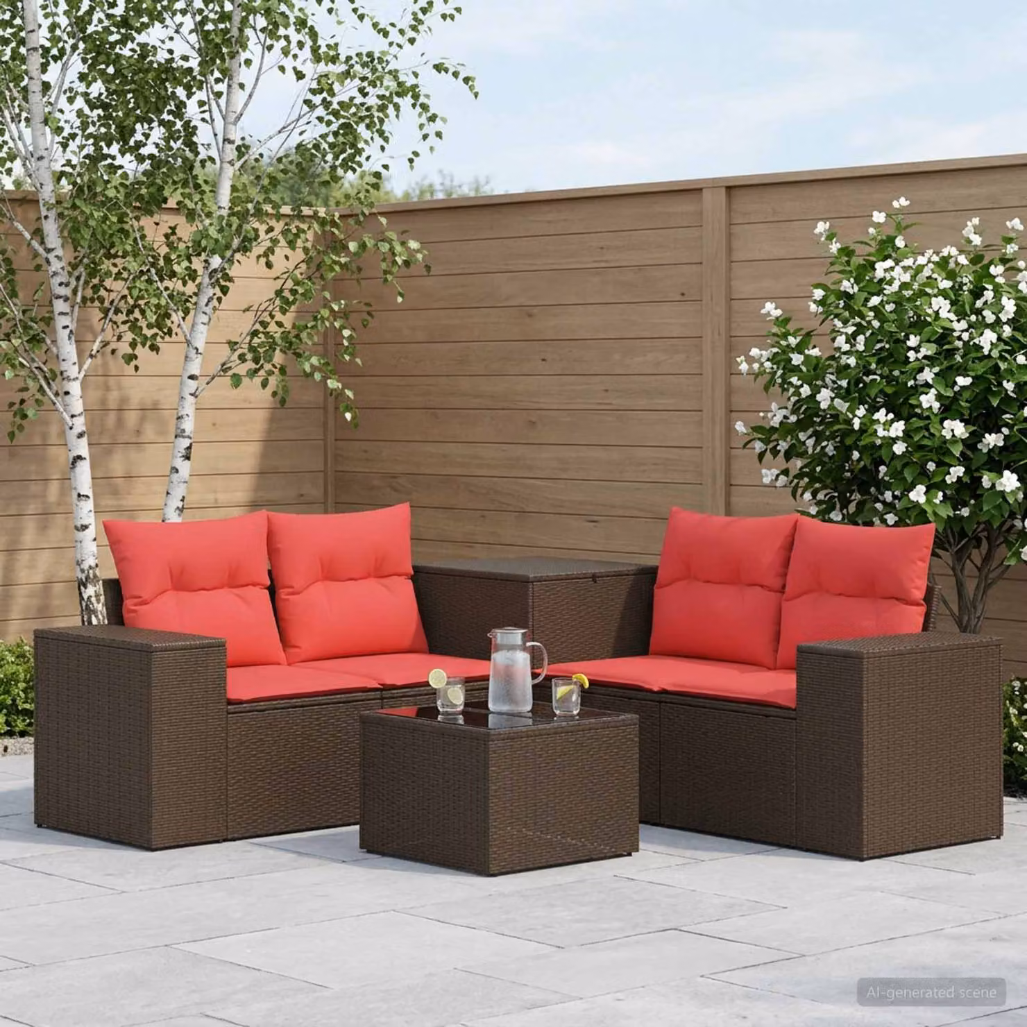 Set di divani da giardino vidaXL 6 pezzi in rattan e acciaio con cuscini marrone e rosso