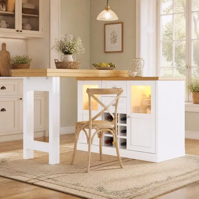 Tavolo allungabile con illuminazione LED a 3 colori, piano girevole a 360°, 120-197 cm, con ripostiglio e portabottiglie, Bianco/Nero