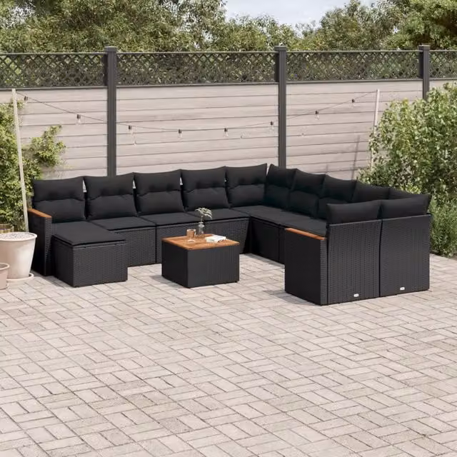 Set di Divani da Giardino vidaXL a Forma di U con Cuscini e Tavolino, 12 Pezzi, Nero