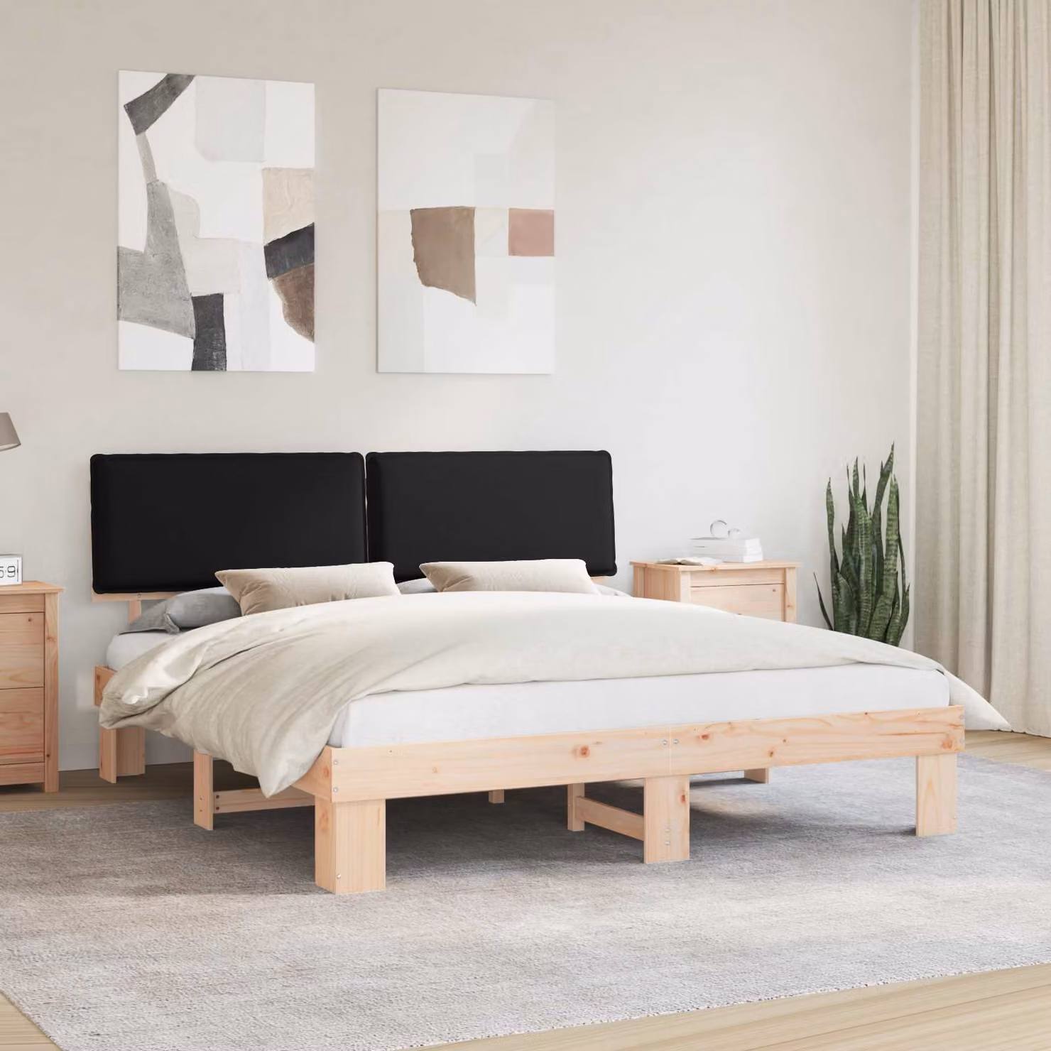 Letto con Testiera Rivestita vidaXL in Pino Massello Nero 200 x 200 cm – 1
