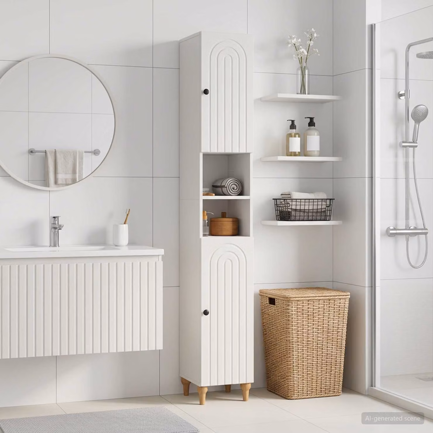 Armadio da bagno moderno vidaXL ALKMAAR bianco con ripiani interni e scaffale aperto