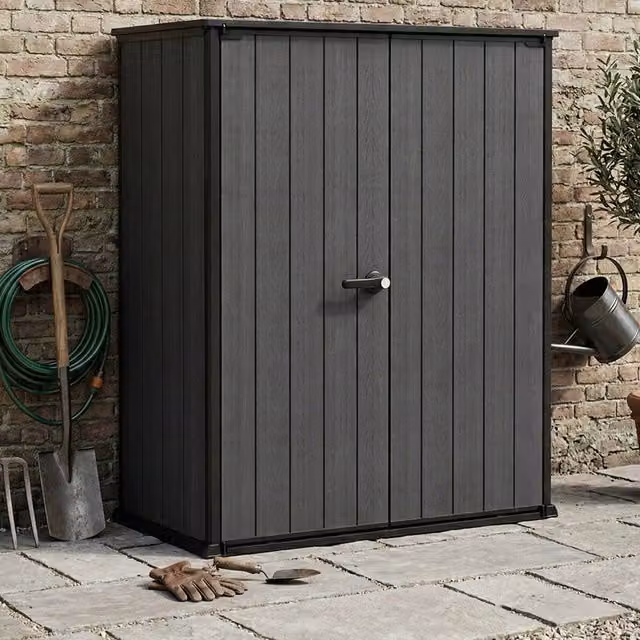 Armadio da esterno Jasper, Mobile outdoor, Mobiletto giardino multiuso, Contenitore per balcone o garage, 140x74 h170 cm, Grigio scuro