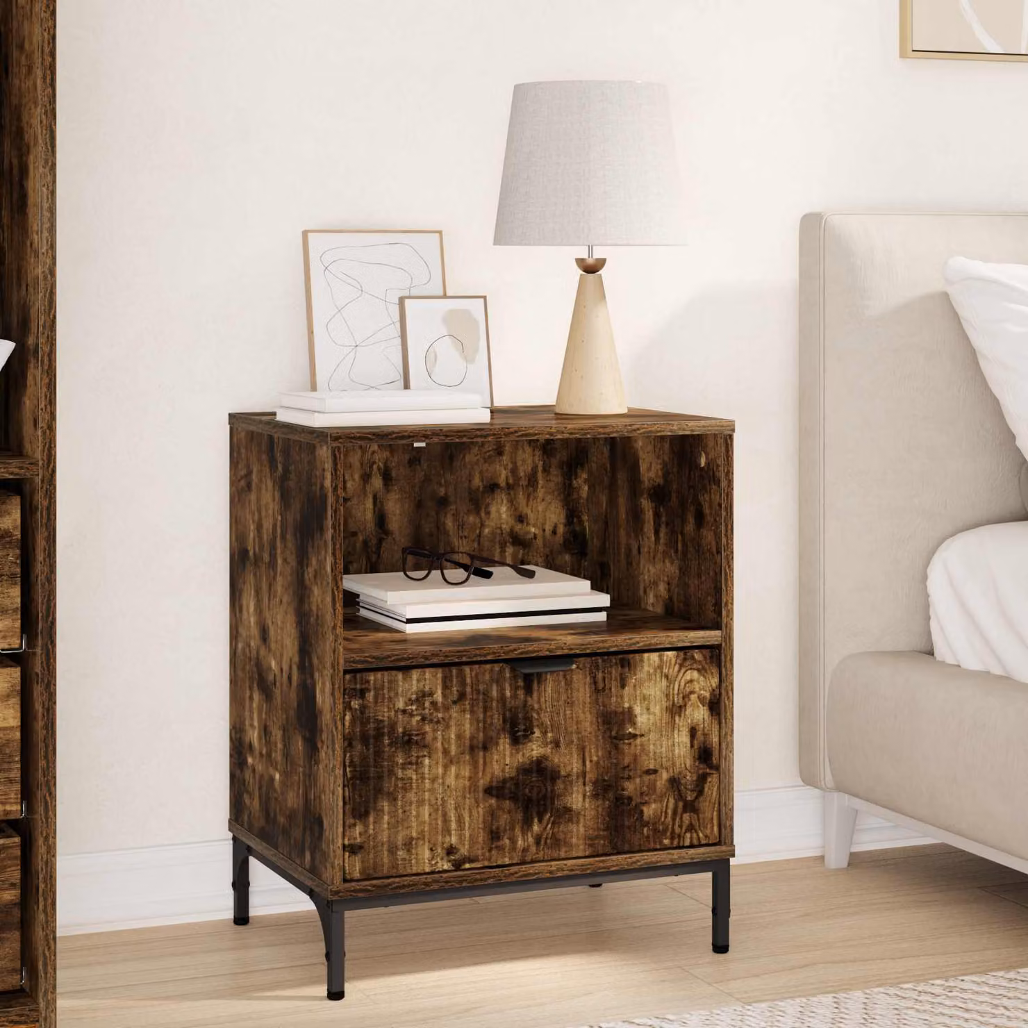 Armadio da notte vidaXL in legno e metallo, Rovere fumo, L: 49 cm, P: 36 cm, H: 61 cm