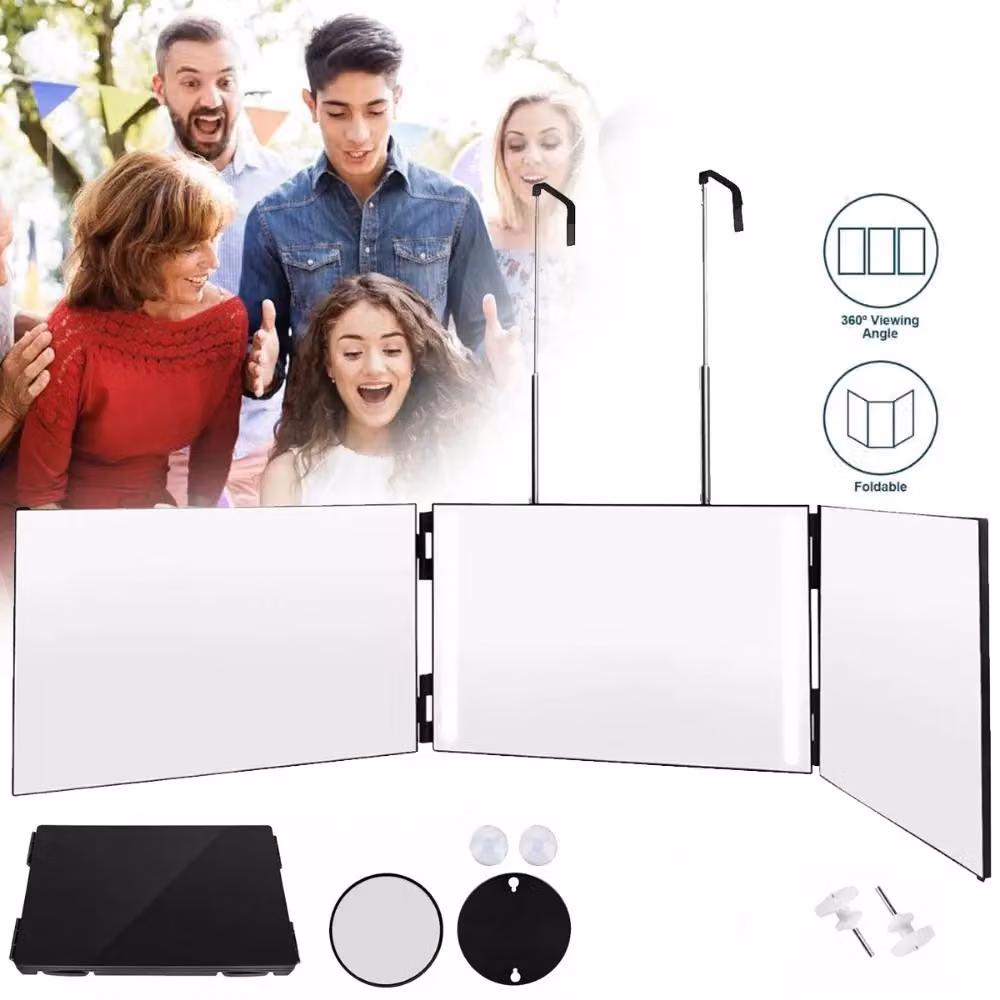 Specchio tridimensionale per il trucco - Specchio a 360° con tre superfici - Regolabile in altezza - 2 lenti con ingrandimento 5x - Con cornice - Senza illuminazione - Non alimentato elettricamente