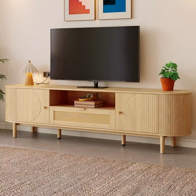 Mobile TV con 2 ante semicircolari, cassetto in rattan e passacavi, stile moderno, MDF naturale, 175 × 36 × 51 cm