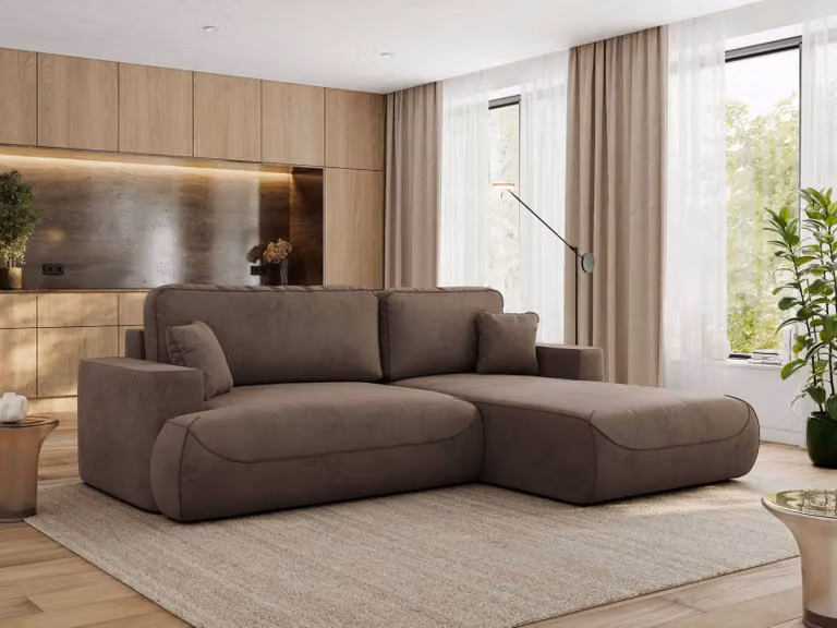 MKS MEBLE divano angolare OVO con funzione letto e box letto, velluto marrone, divano a L, divano angolare a 4 posti, 271x195x95 cm - lato destro