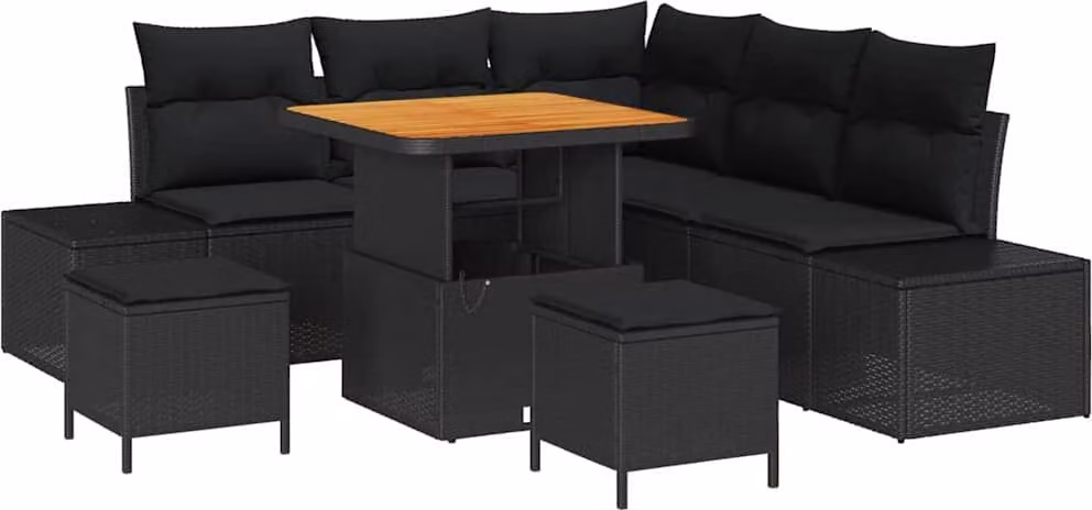 Set Divano da Giardino con cuscino 8 pcs Nero polyrattan