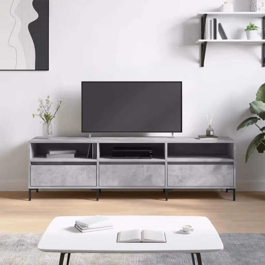 Mobile TV moderno in legno e metallo grigio cemento con scomparti multimediali L: 150 cm, P: 30 cm, H: 44,5 cm – 2