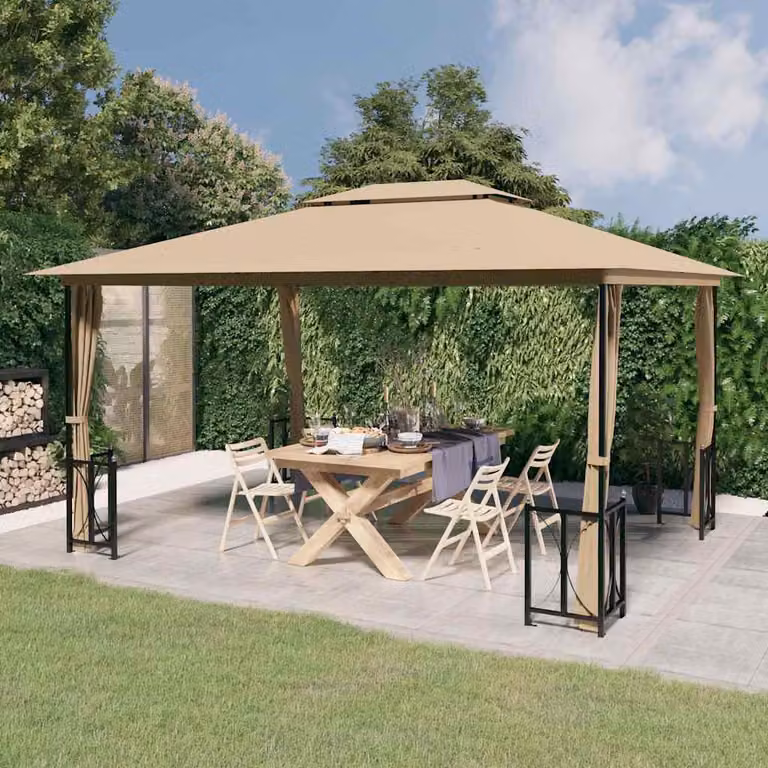 Gazebo vidaXL con Teli Laterali e Doppio Tetto con Finestre, Beige/Grigio, L: 400 cm, P: 300 cm, H: 265 cm