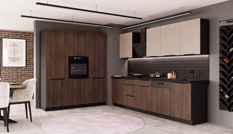 Cucina MONZA + ARONA 280 + 180 cm Cucina a vista Cucina componibile Cucina componibile Noce Okapi opaco + Cashmere beige opaco