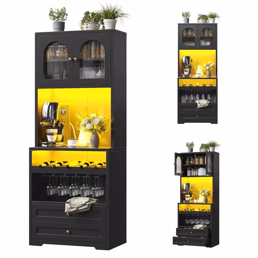 Mobile alto Minimal nero con ante in vetro, ripiani regolabili, luci LED e porta USB per soggiorno e sala da pranzo, L/P/H: 40 x 37 x 180 cm – 2