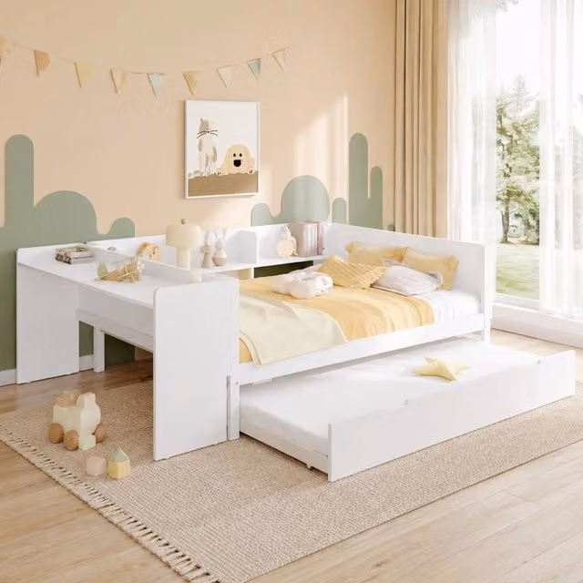 Letto 140x200 cm bianco – con scrivania, letto estraibile e vani, senza materasso