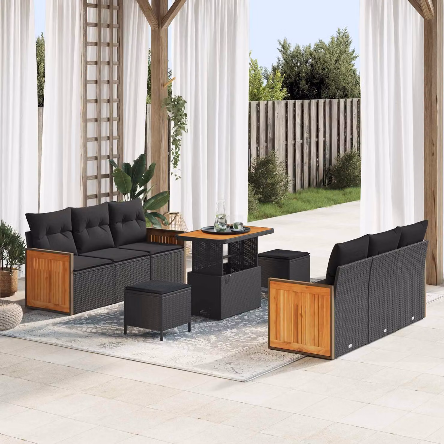 Set Divano da Giardino vidaXL 9 Pezzi a Forma di U con Cuscini e Tavolino Nero – 1