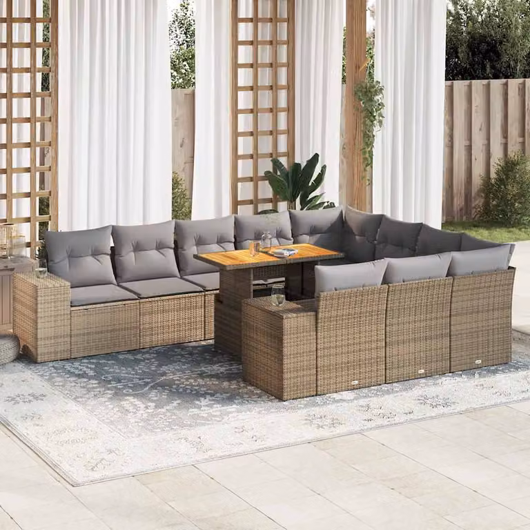 Set da giardino vidaXL a forma di U composto da 10 pezzi in polyrattan e legno di acacia con cuscini beige e tavolino da caffè