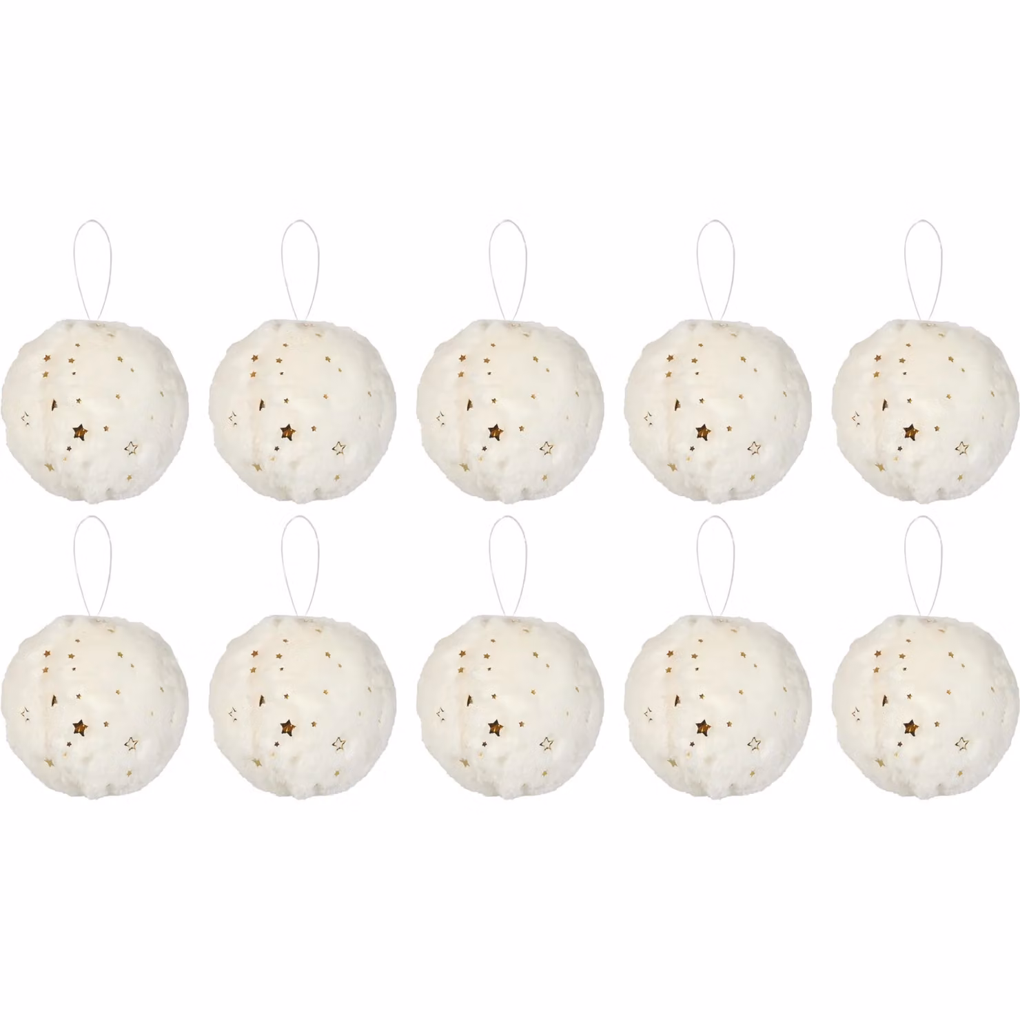 Set di 10 Palle di Natale VESTIAMO CASA con Effetto Peluche, Colore Bianco e Oro con Decorazioni a Stelle, Diametro: 6 cm