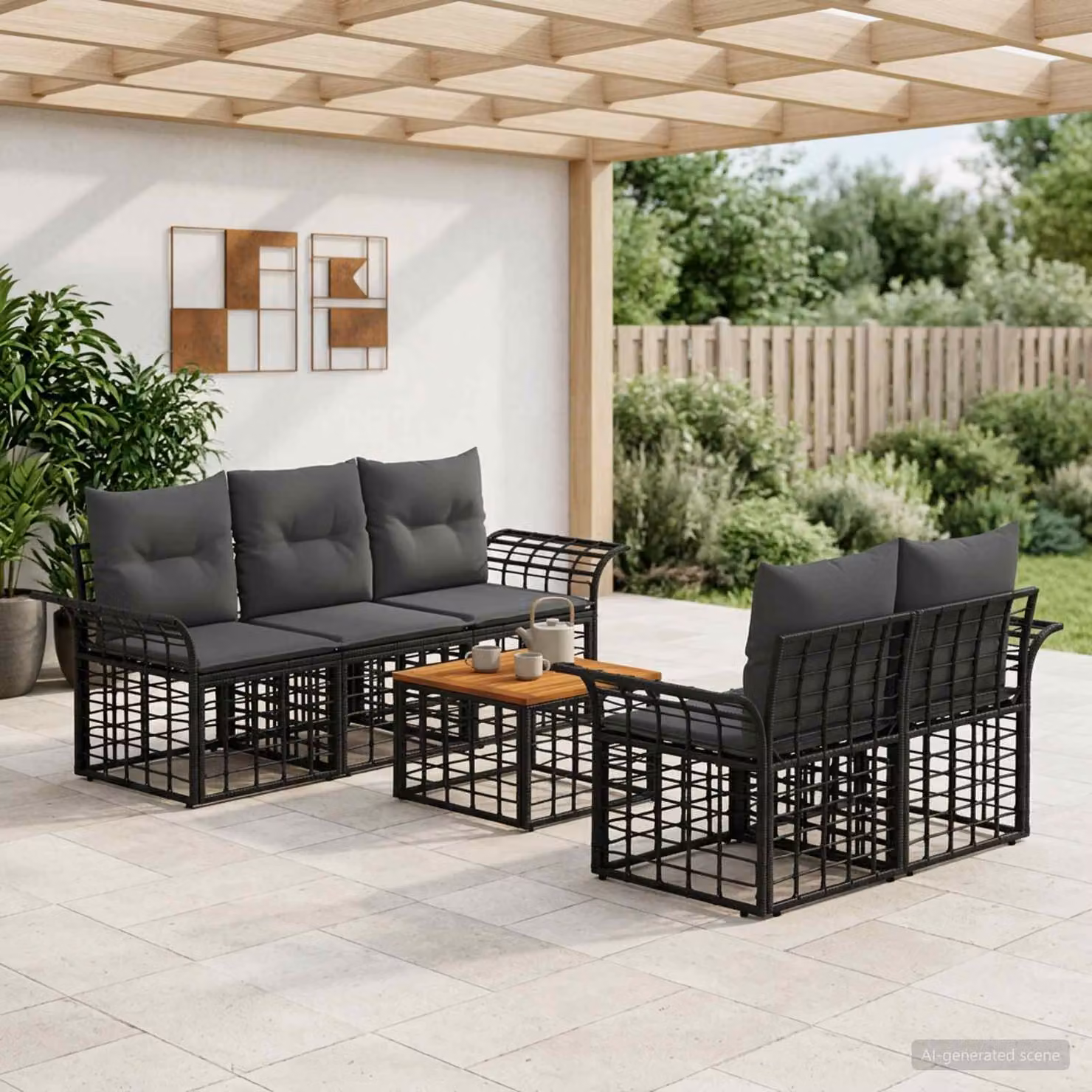 Set di divani da esterno vidaXL in polyrattan composto da 6 pezzi con cuscini, colore nero e grigio scuro