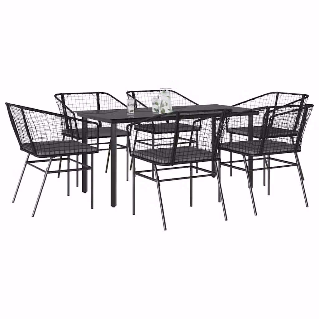 Set da pranzo da giardino vidaXL in 7 pezzi in polyrattan e vetro nero e grigio con cuscini