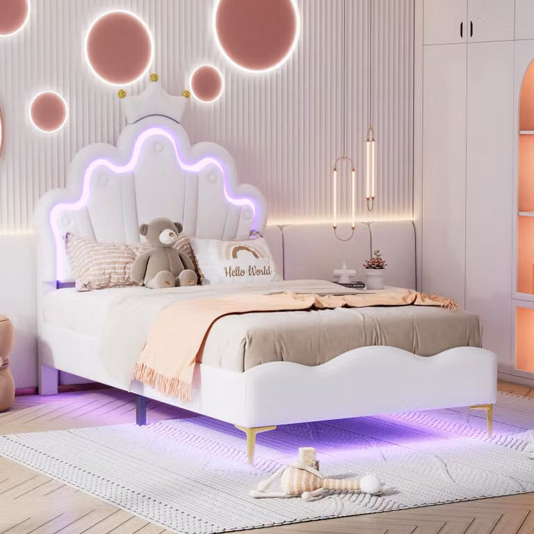 Letto imbottito Merax 90x200cm, letto da principessa con luci LED, testata regolabile, gambe dorate, design a , PU, letto per bambini, letto per giovani, bianco