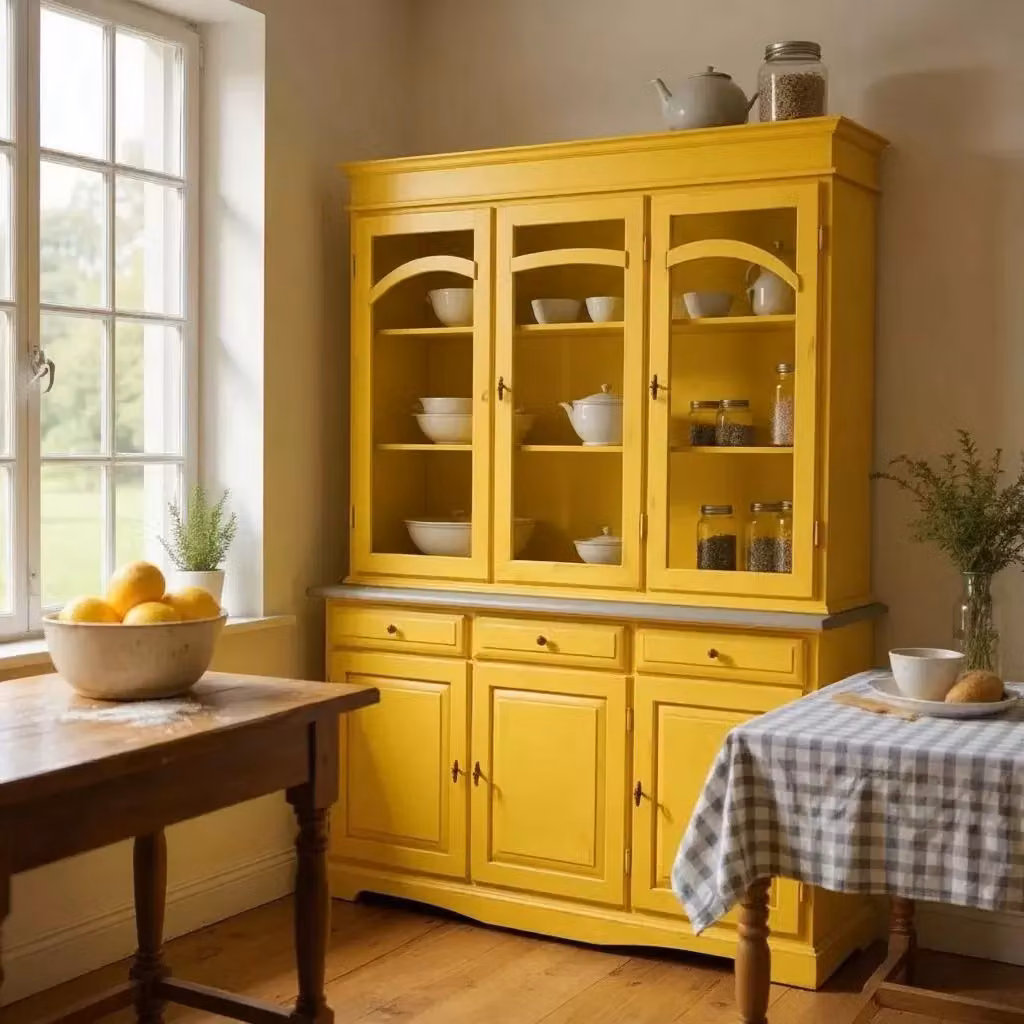 Cristalliera Mobili 2G in legno laccato giallo con ante in vetro e ripiani interni L: 156 cm, P: 42 cm, H: 205 cm – 1