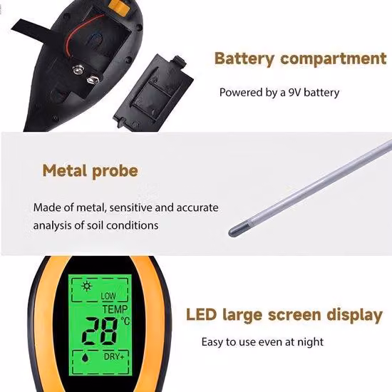 Dispositivo professionale 4-in-1 per l'analisi del terreno: misuratore di pH, sensore di umidità e luce, e misurazione della temperatura, ideale per giardini, prati e piante