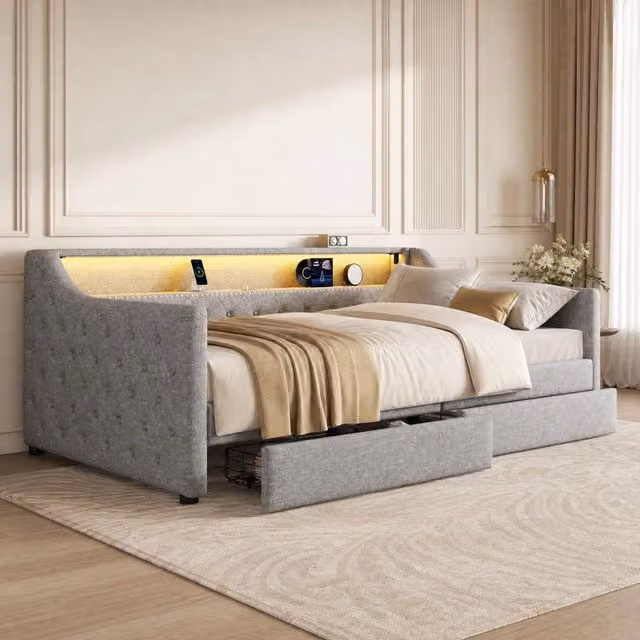 Divano letto 90x200 cm con struttura in lino e MDF, lettino giorno con rete a doghe, luce ambientale e 2 cassetti, grigio