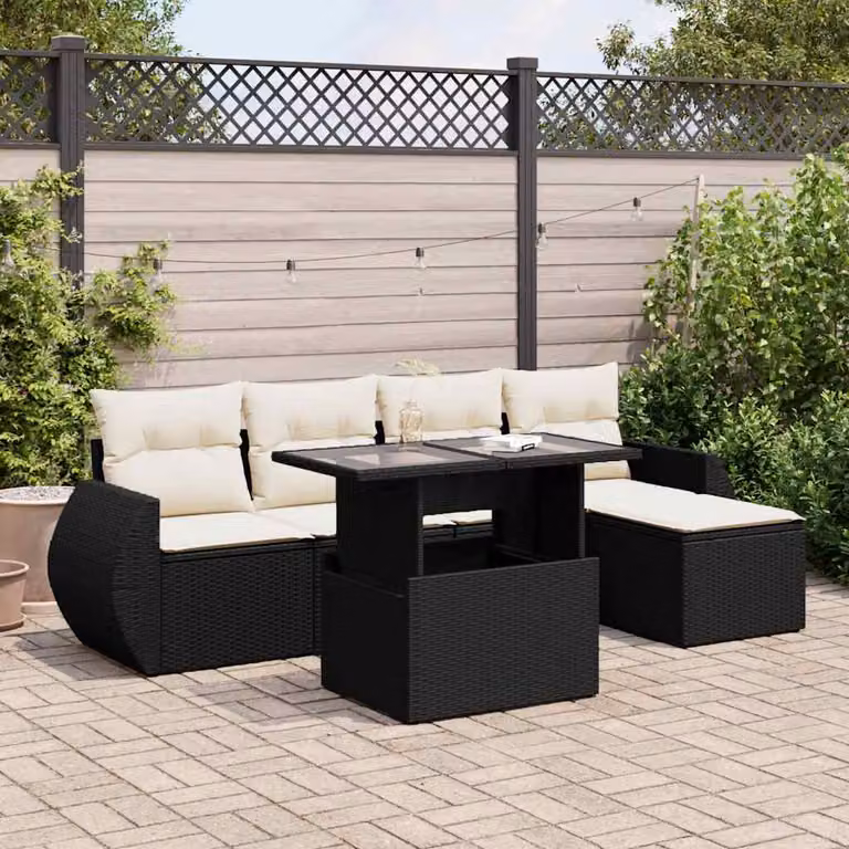 Set Divano da Giardino vidaXL 6 Pezzi in Polyrattan Nero con Cuscini e Tavolino per Esterno
