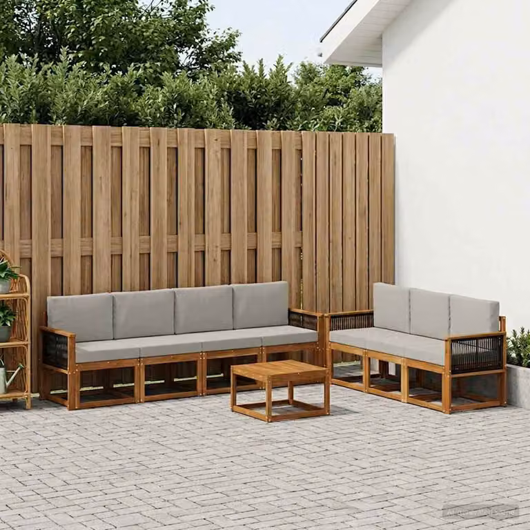 Set di divani da esterno vidaXL 7 pz in legno di acacia e poliestere, Colore Naturale e Grigio Chiaro